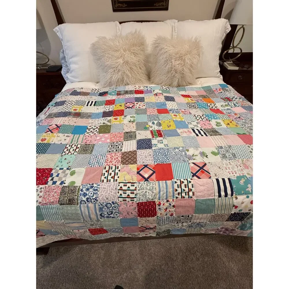 Handmade vintage-style Patchwork quilt Multi-Color Postage Stamp style Cottage